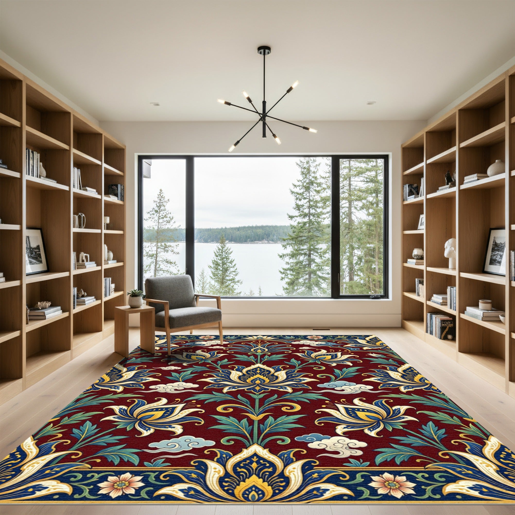 Crimson Blue Golden Floral Canopy Rug