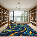 Luxury Navy Blue Gold Swirl Abstract Rug