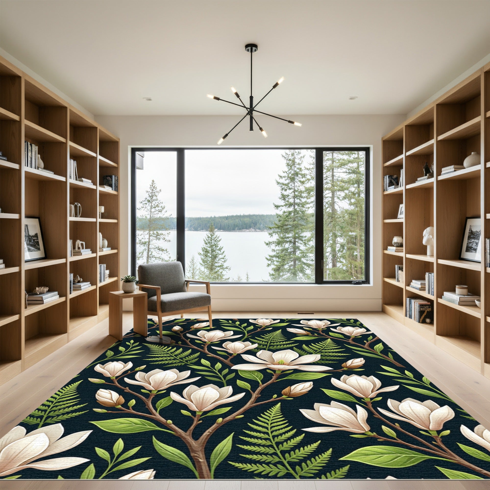 Dark Navy White Magnolia Branch Rug