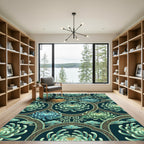 Teal Golden Chrysanthemum Floral Medallion Rug