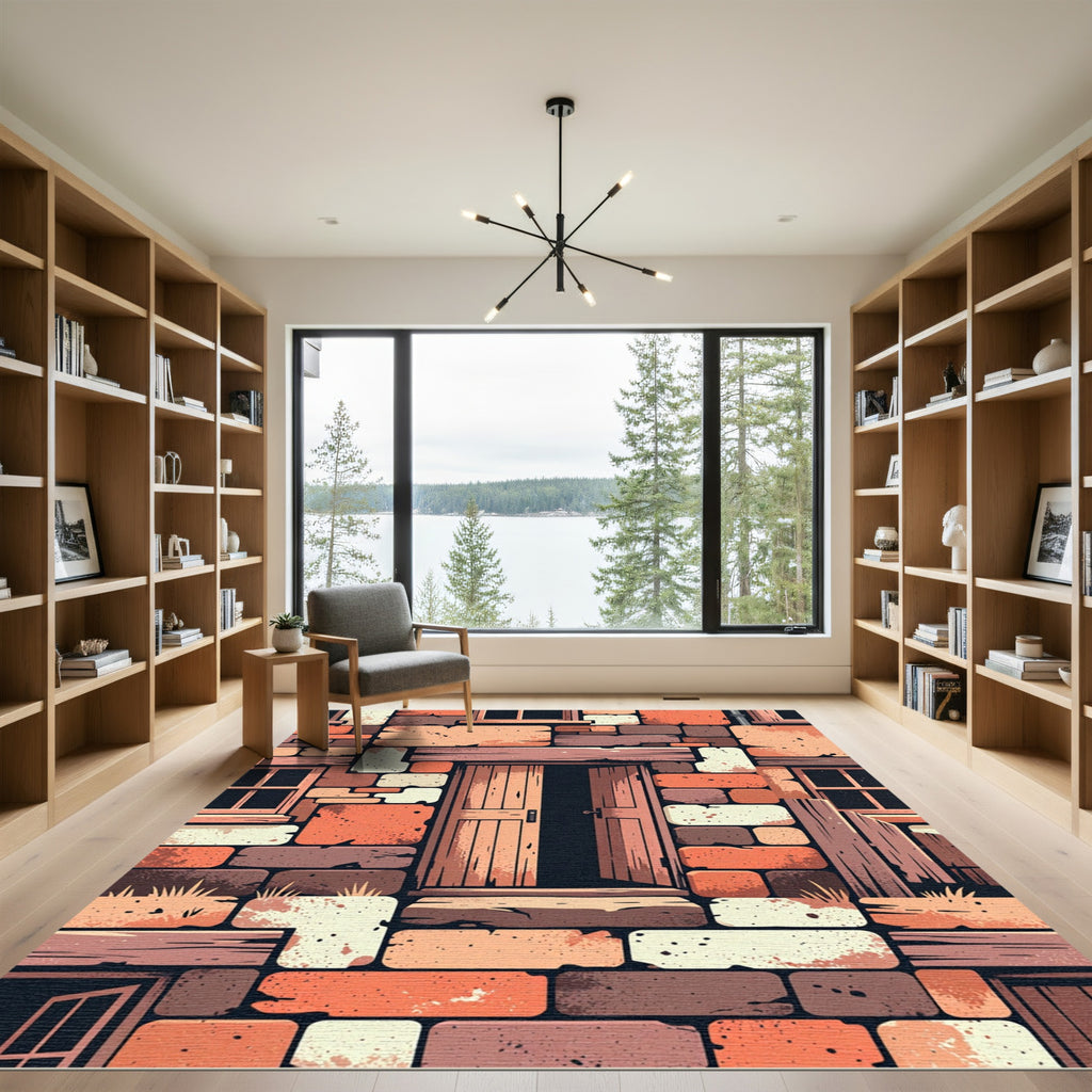 Rustic Earth Tones Wood Stone Brick Rug