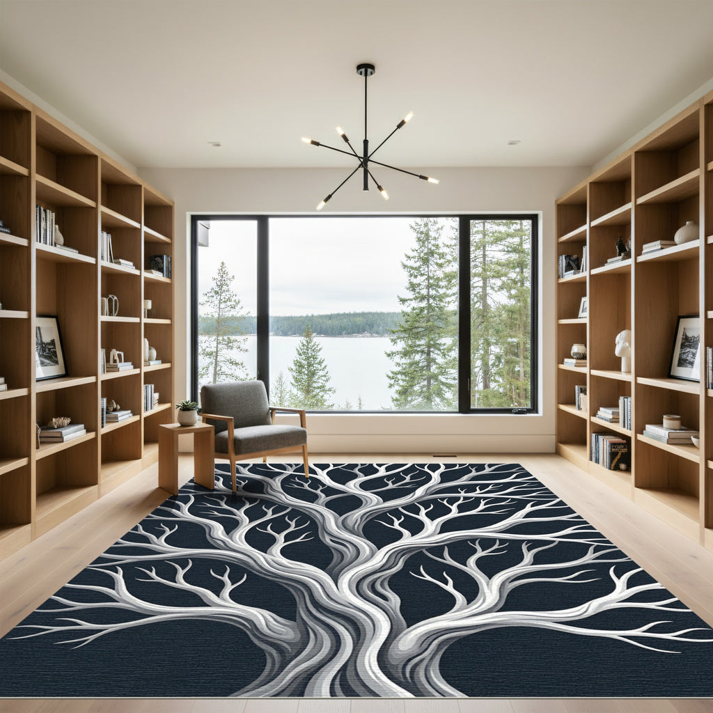Minimalist Charcoal and Silver Bare Tree Rug