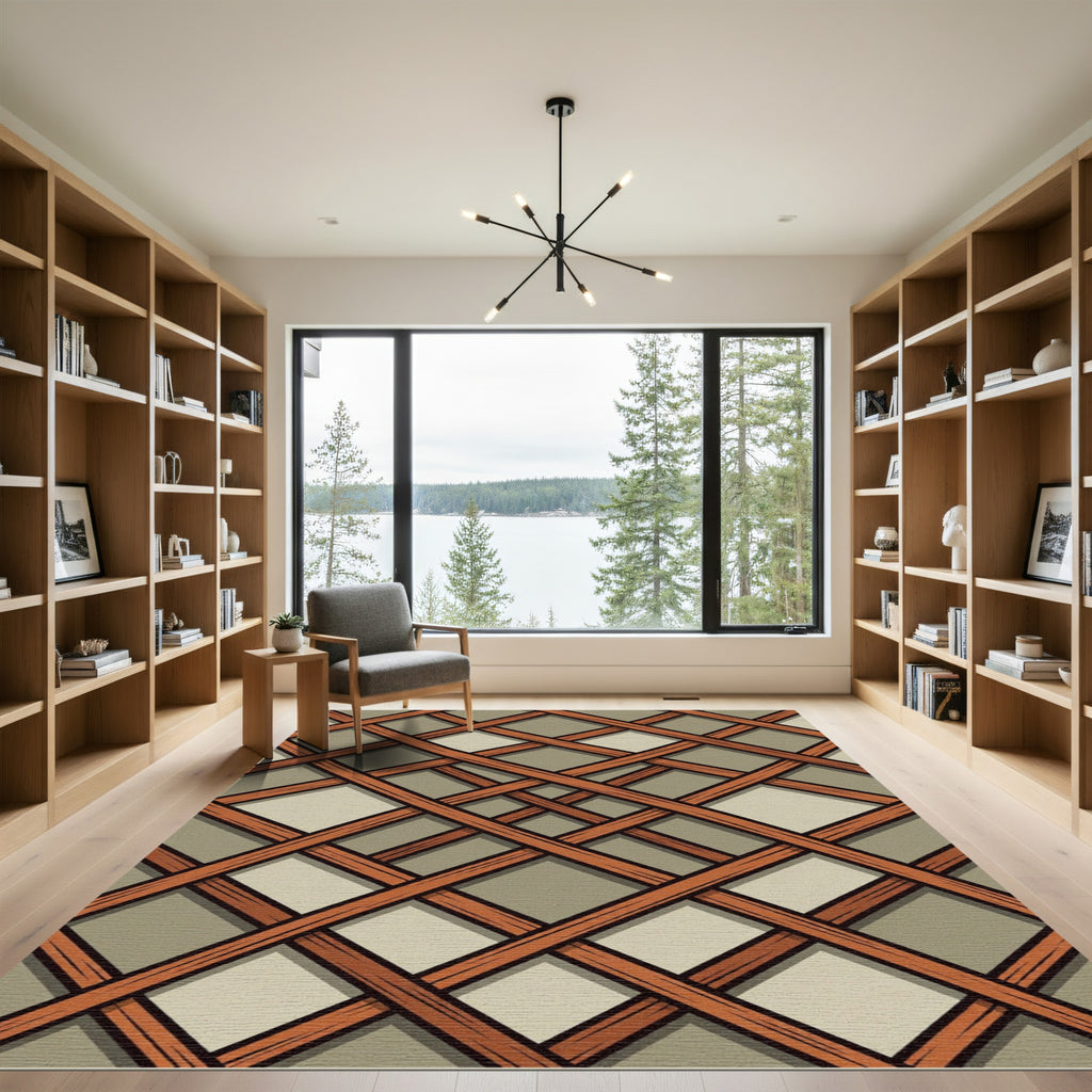 Geometric Burnt Orange Lattice Grid Rug