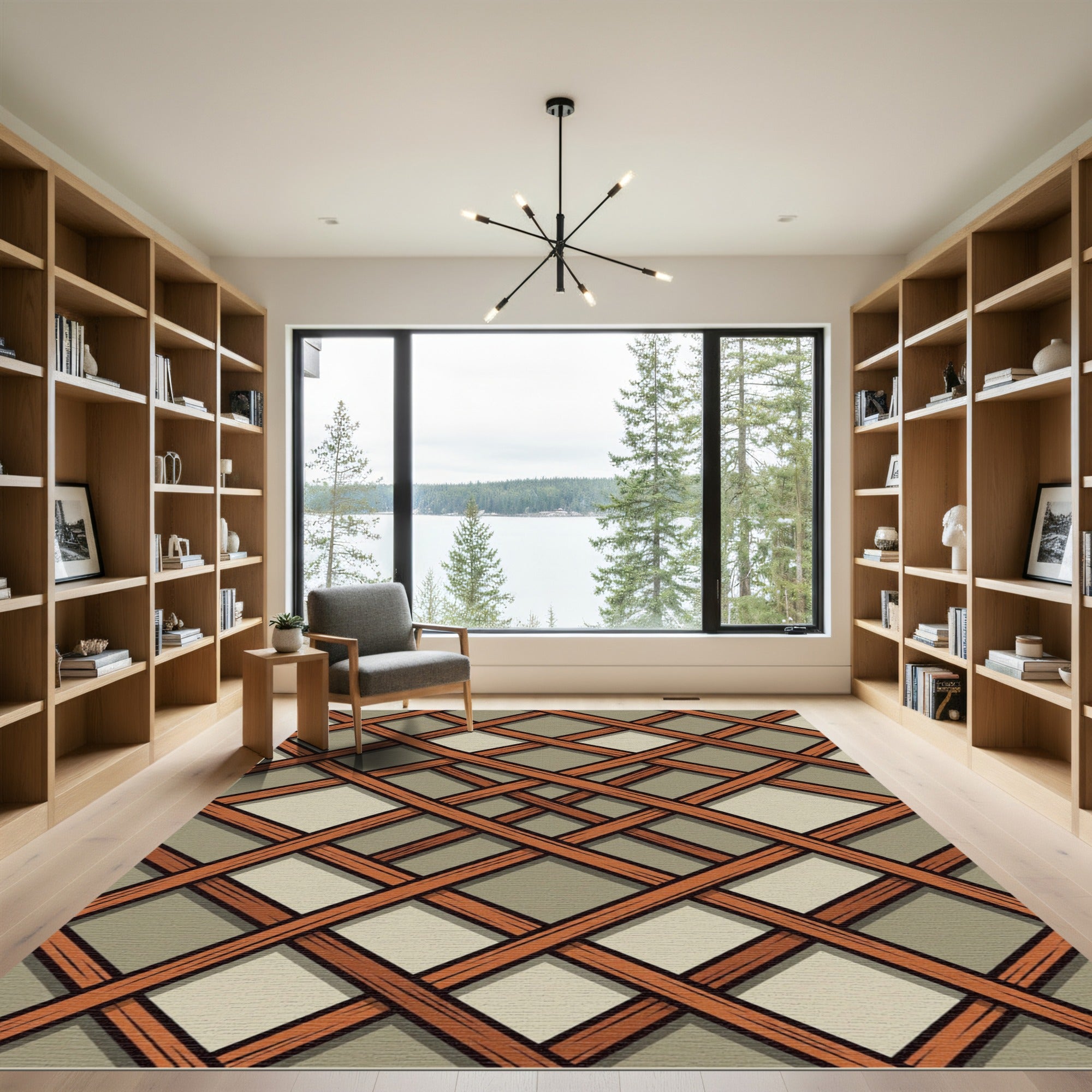 Geometric Burnt Orange Lattice Grid Rug