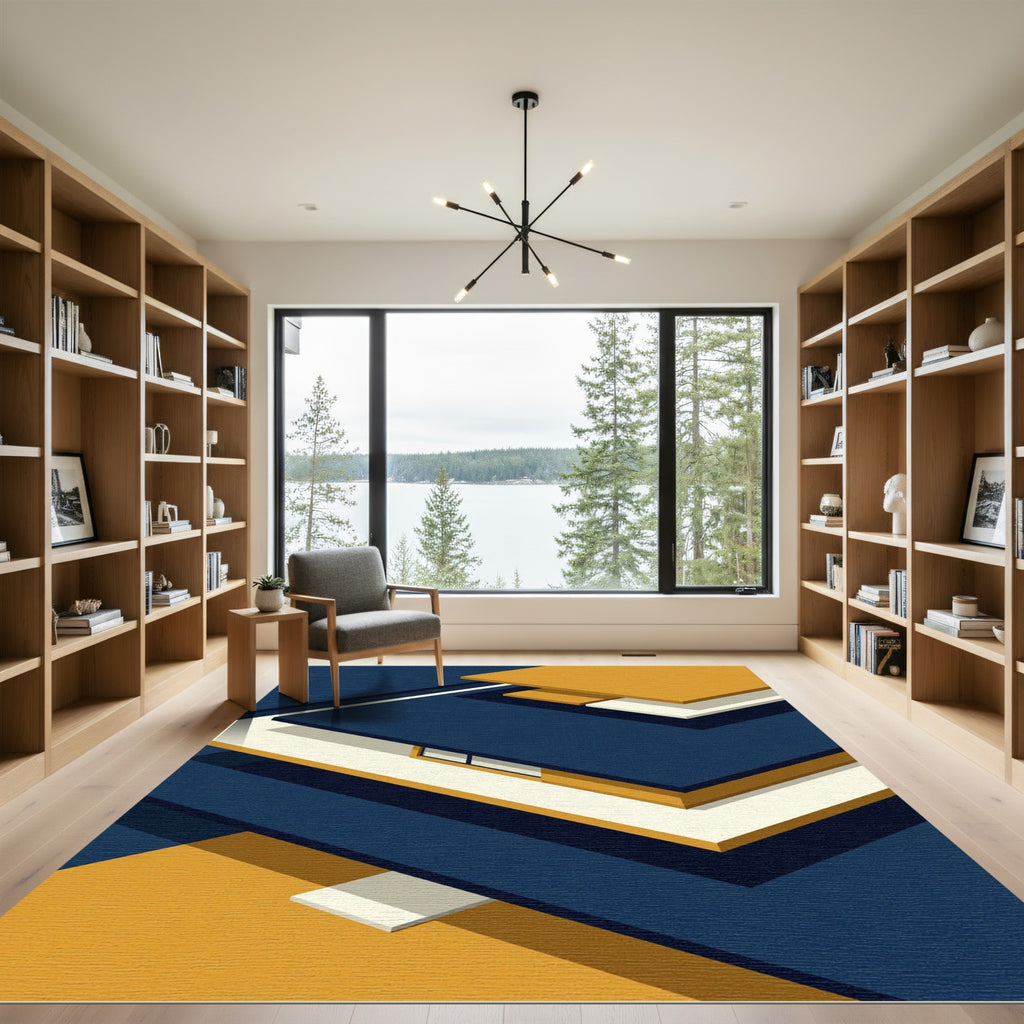 Modern Abstract Blue and Gold Geometric Rug