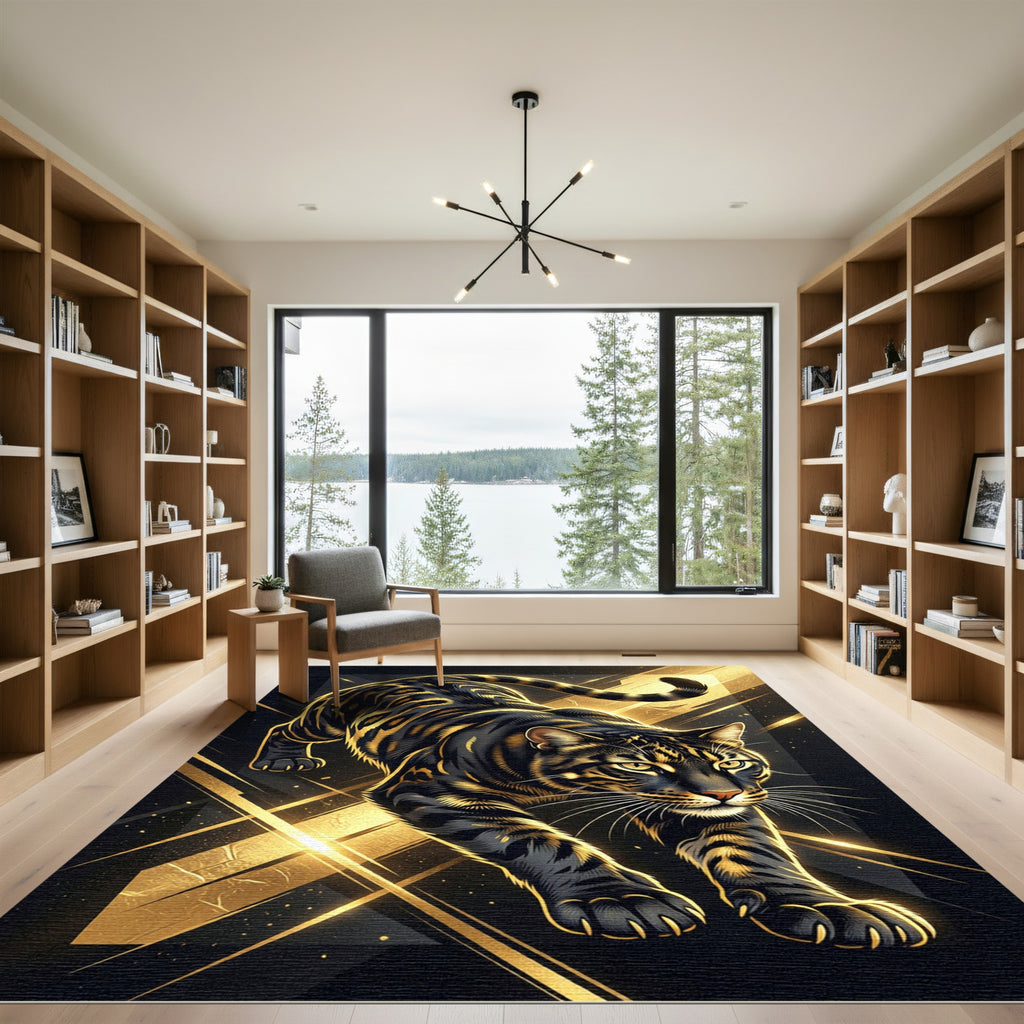 Golden Black Abstract Prowling Tiger Rug