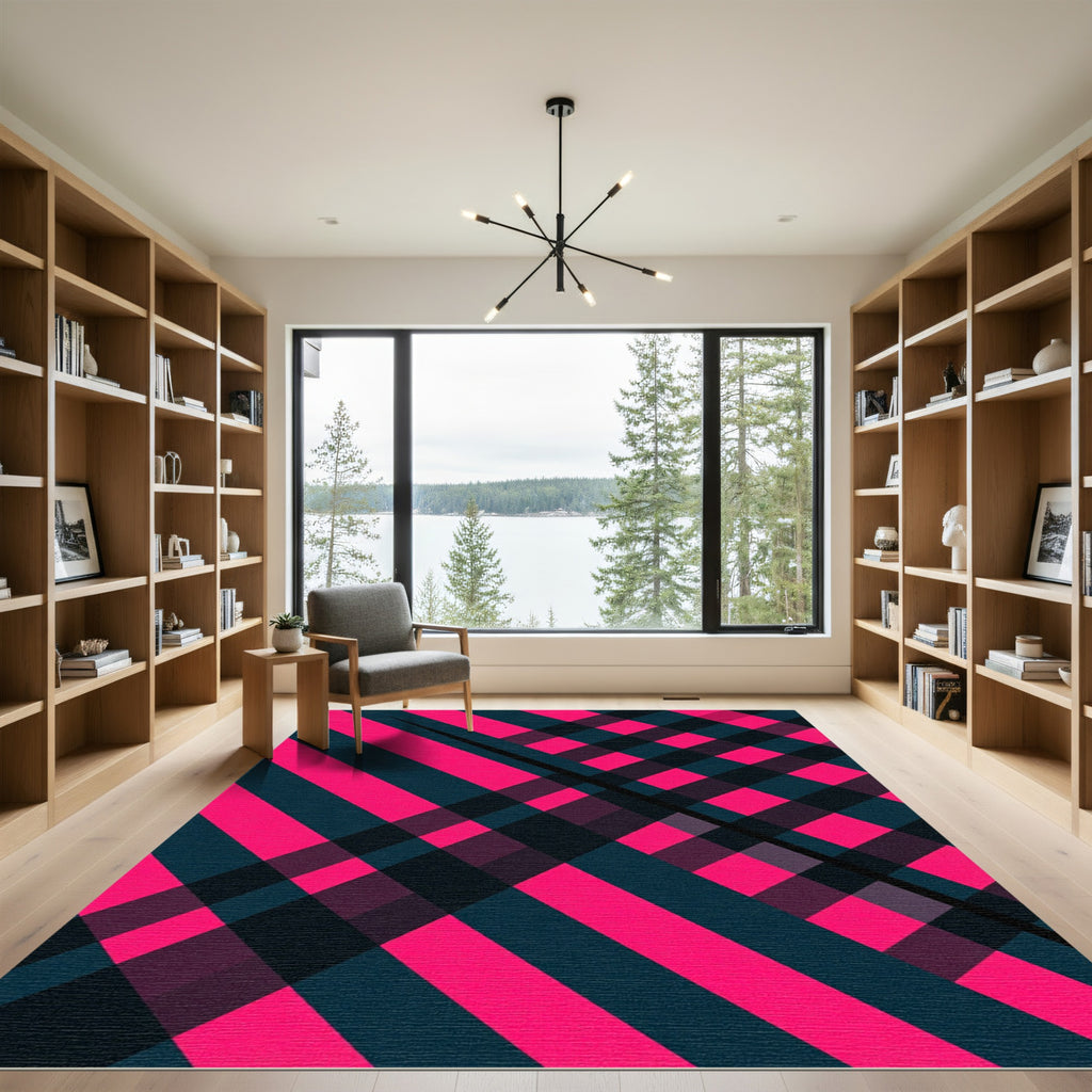 Bold Hot Pink Black Plaid Geometric Rug