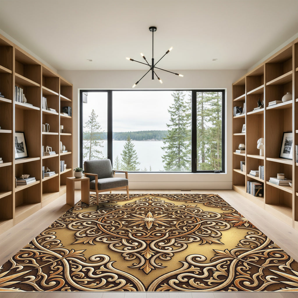 Intricate Golden Scrollwork Starburst Rug