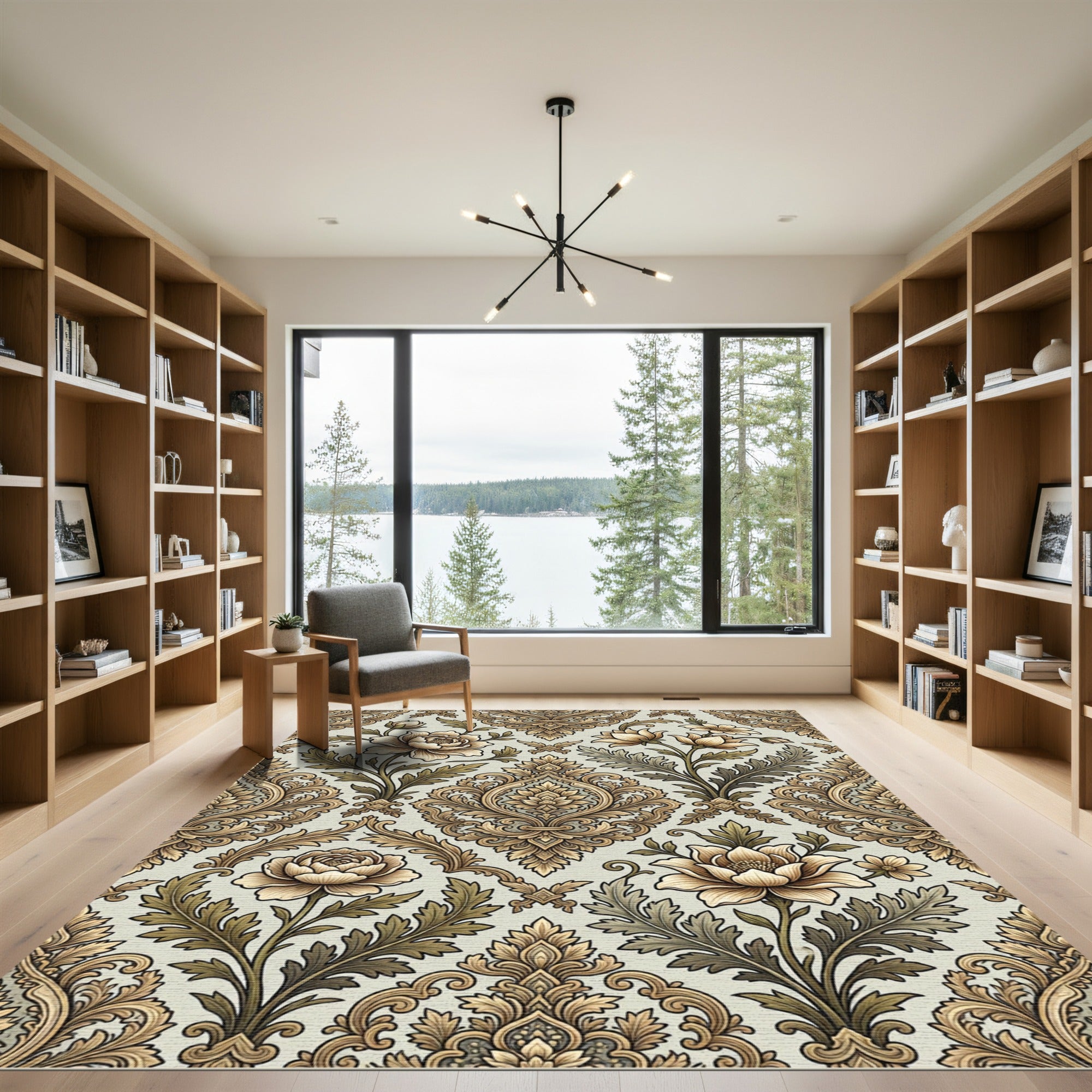 Golden Beige Floral Damask Wall Rug