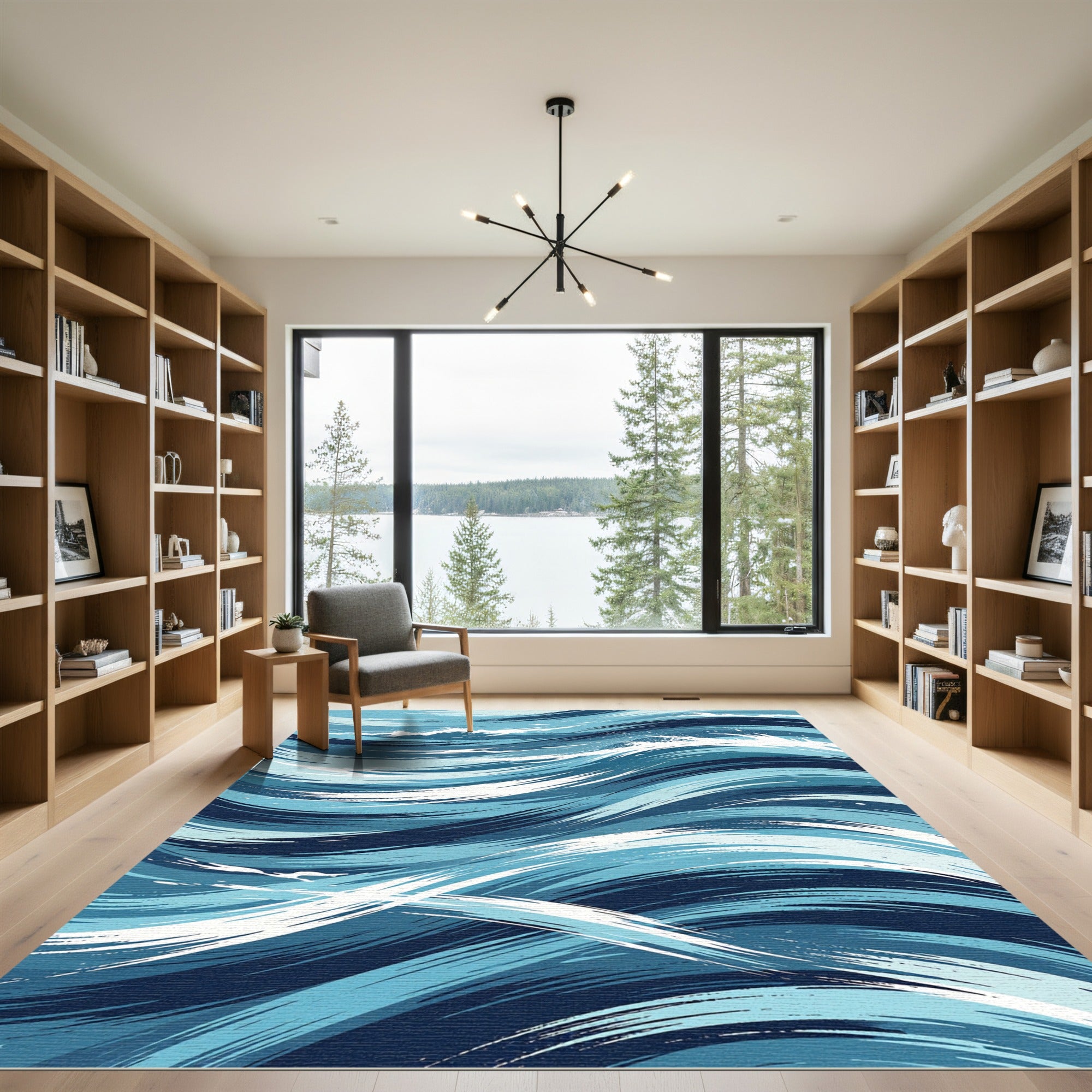 Abstract Navy and Azure Ocean Wave Rug