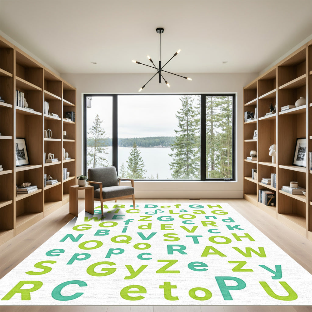Alphabet Scattered Green Teal Typography Rug