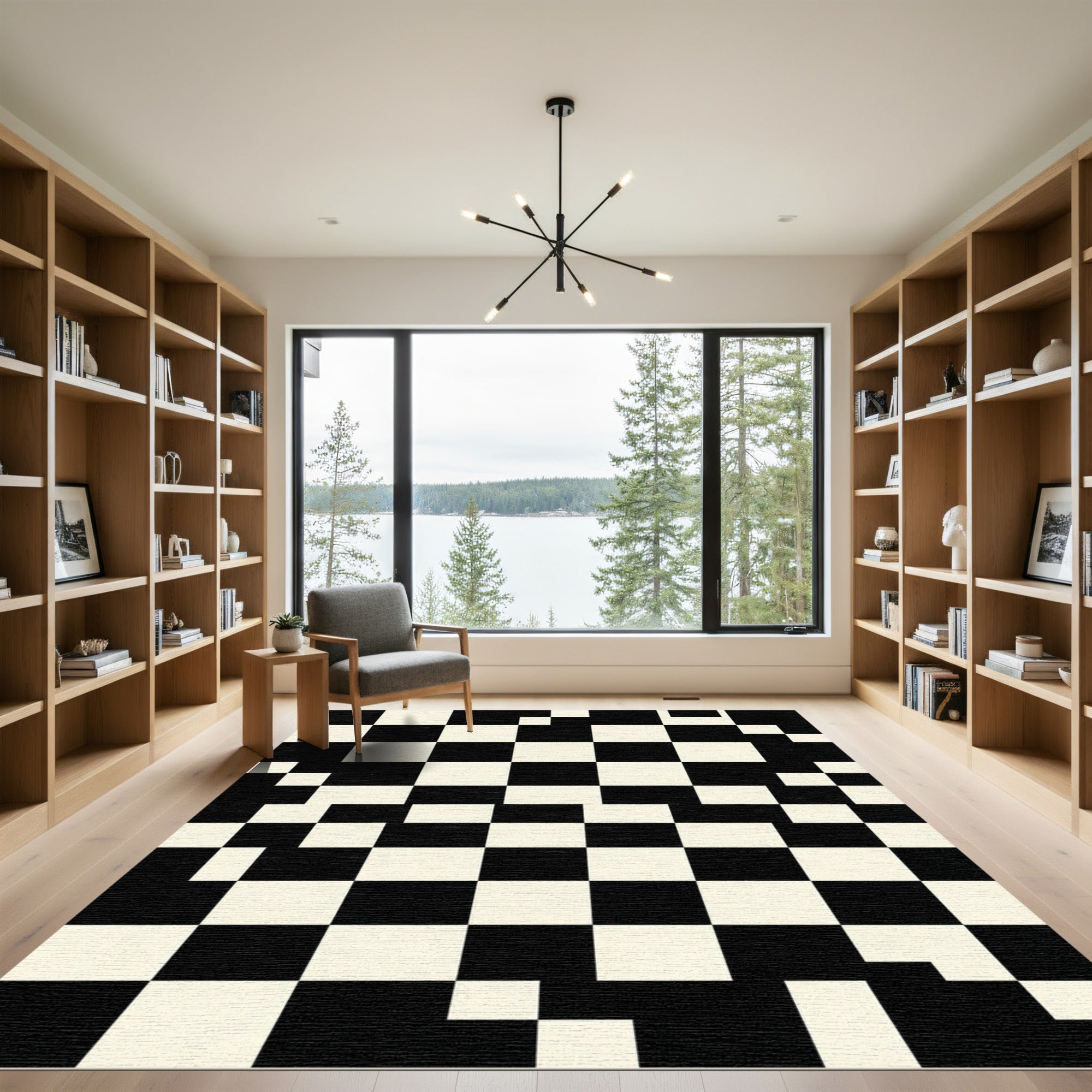Modern Abstract Monochrome Checkerboard Art Rug