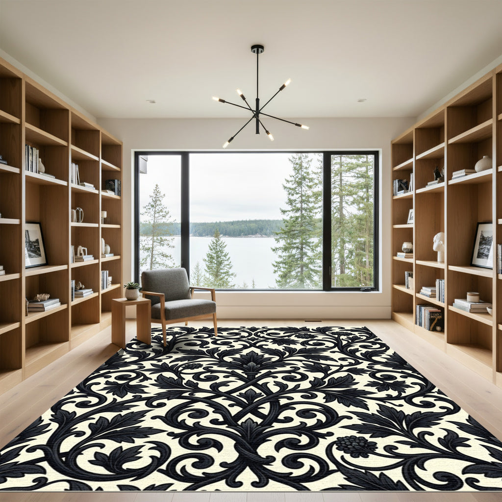Ornate Black Acanthus Scrollwork Rug