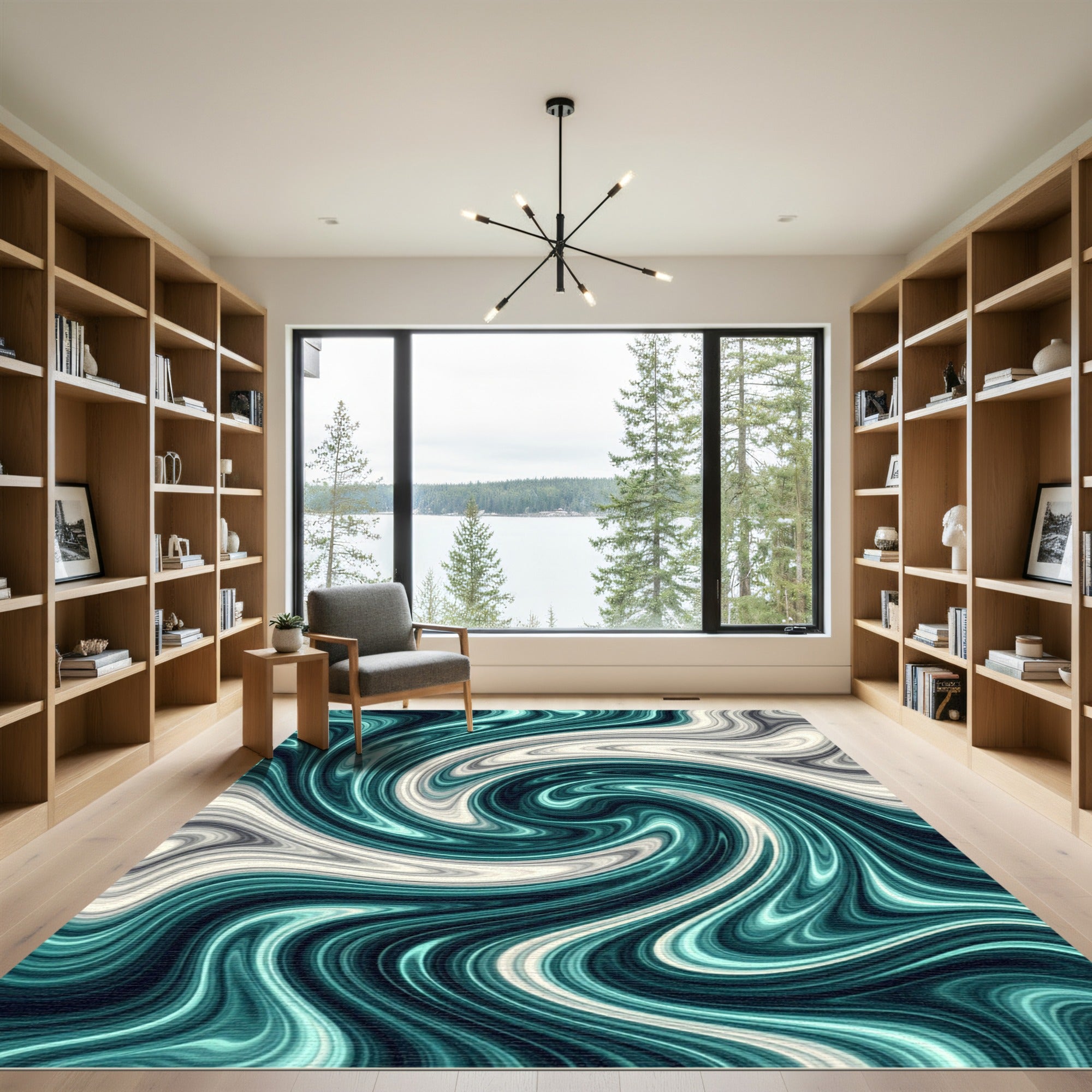 Modern Teal and Cream Marble Swirl Rug