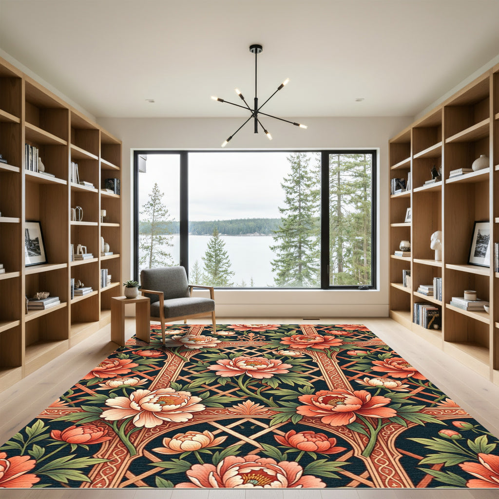 Coral Peach Peony Garden Lattice Rug