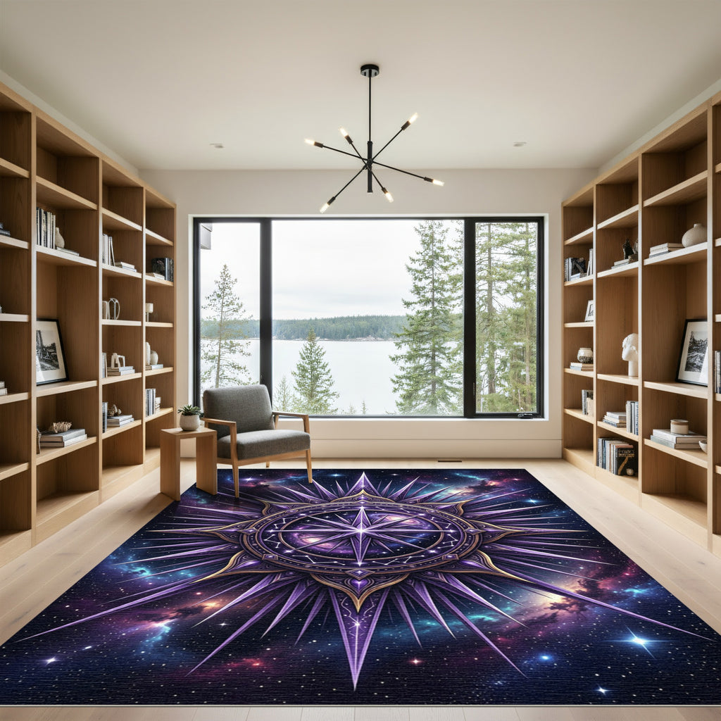 Celestial Purple Starry Galaxy Compass Rug
