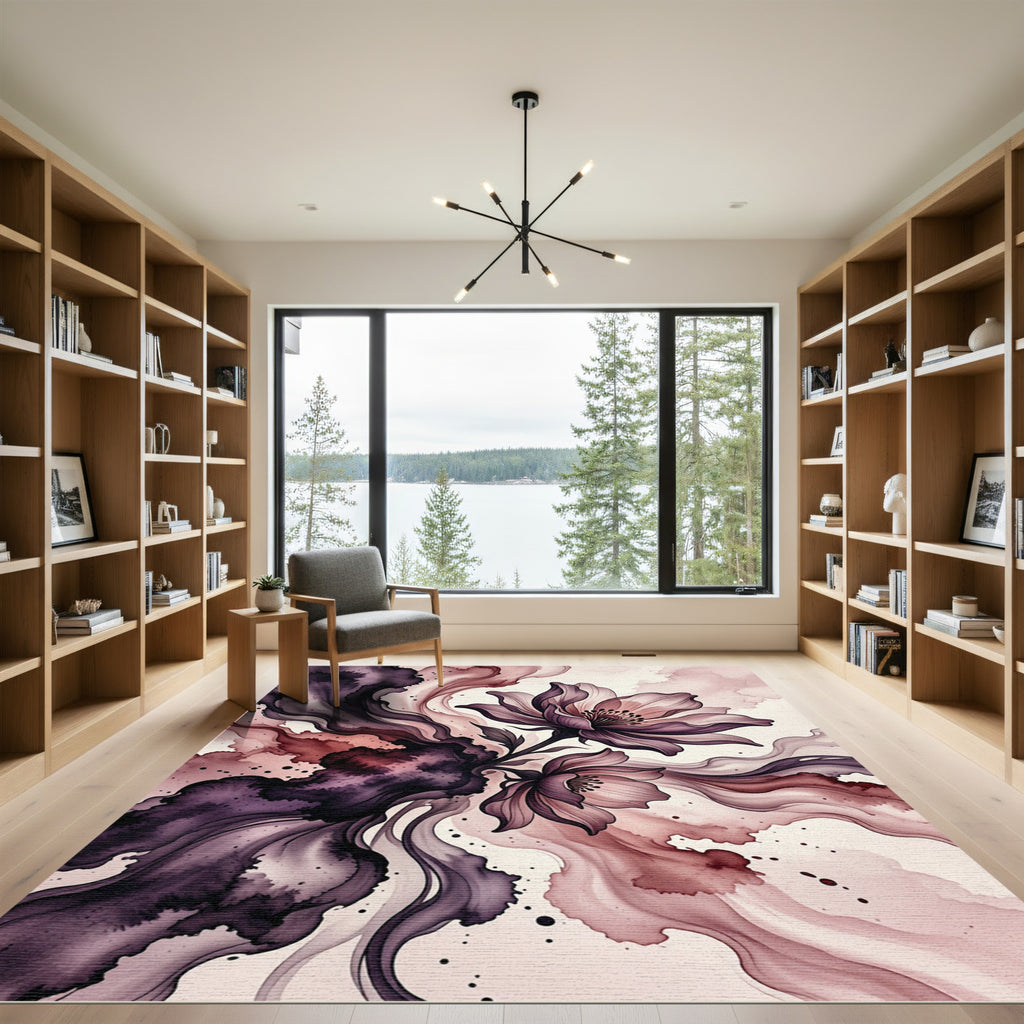Elegant Plum Watercolor Floral Art Rug