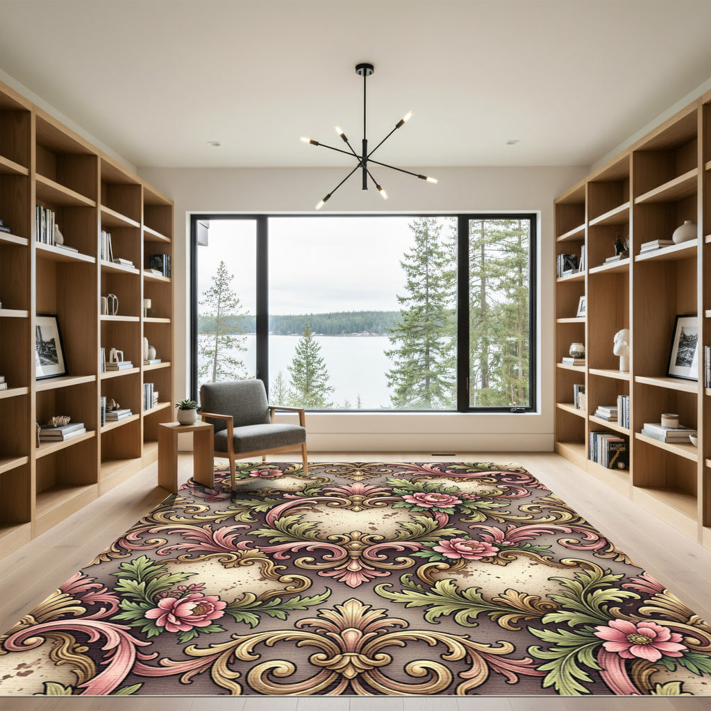 Ornate Pink Floral Acanthus Scrollwork Rug