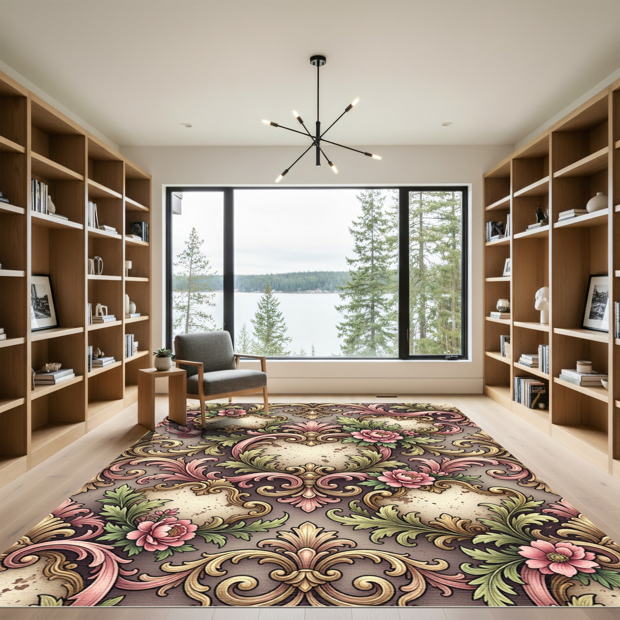 Ornate Pink Floral Acanthus Scrollwork Rug