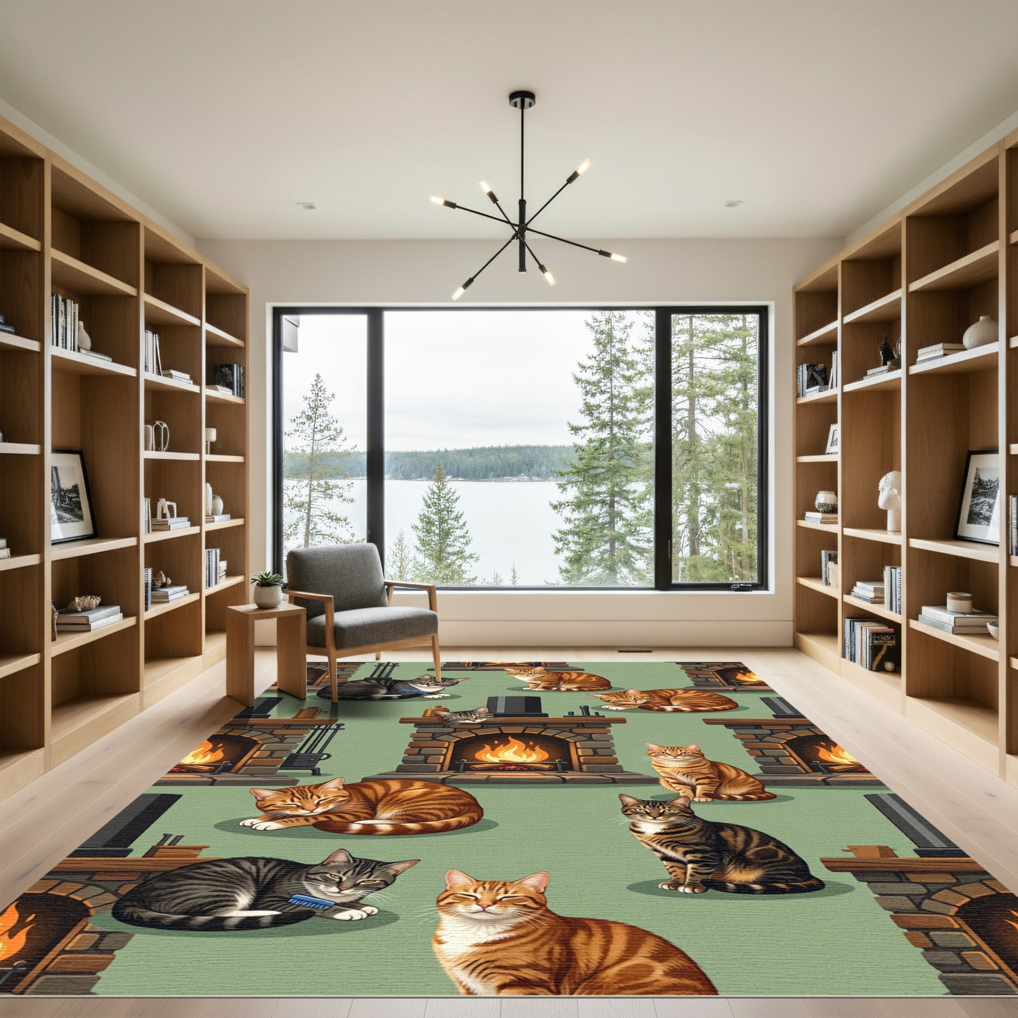 Cozy Fireplace Tabby Cat Repeat Rug