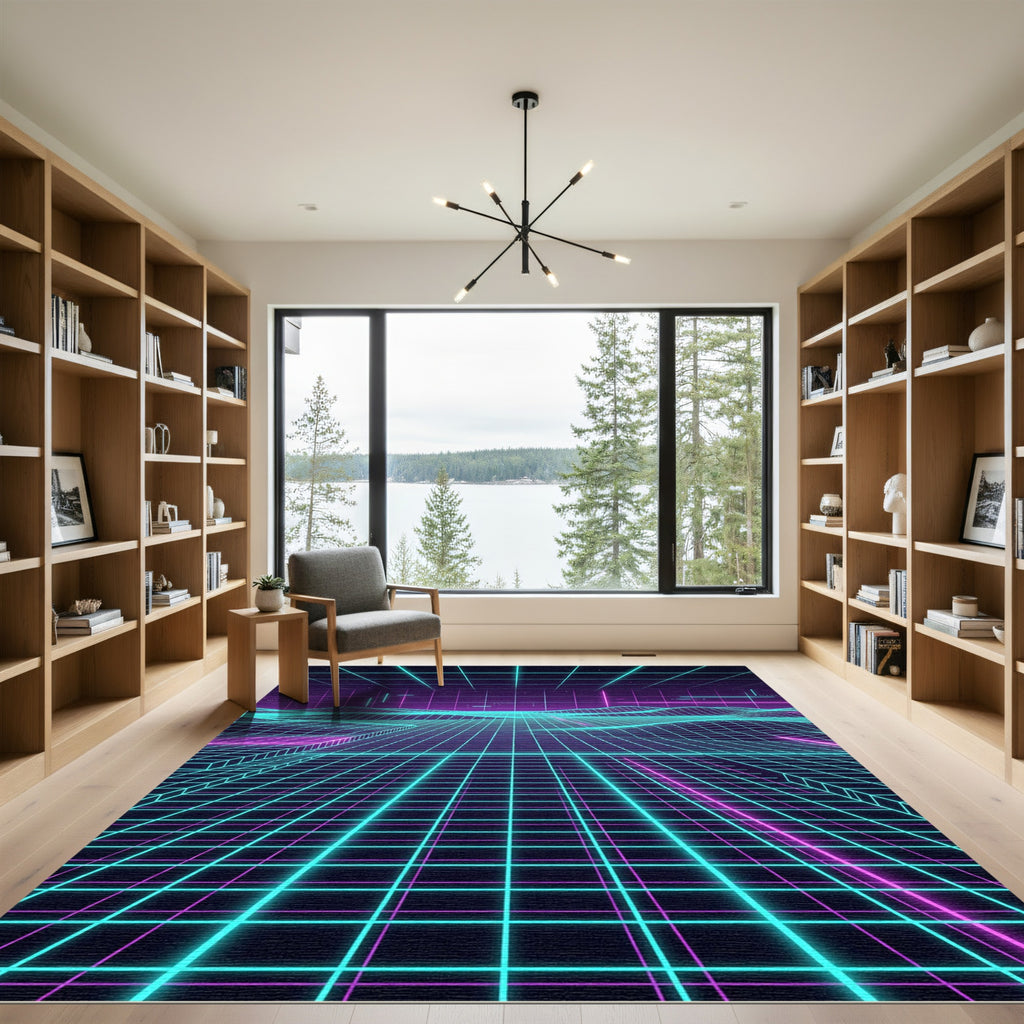 Neon Retro Grid Cyber Landscape Rug