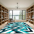 Modern Teal and Black Geometric Zigzag Rug