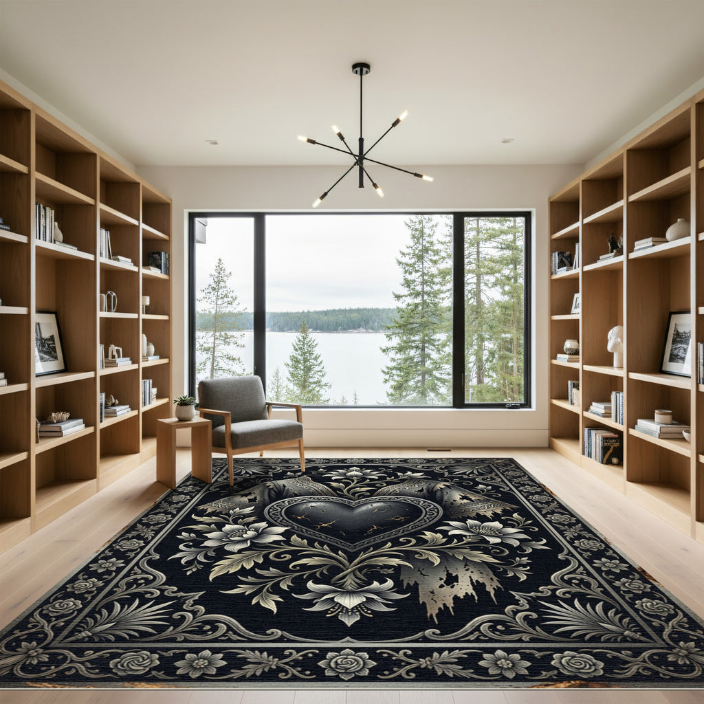 Gothic Black Heart Floral Relief Rug