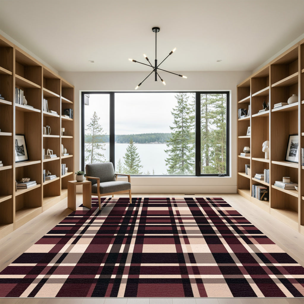Deep Burgundy Cream Plaid Harmony Rug