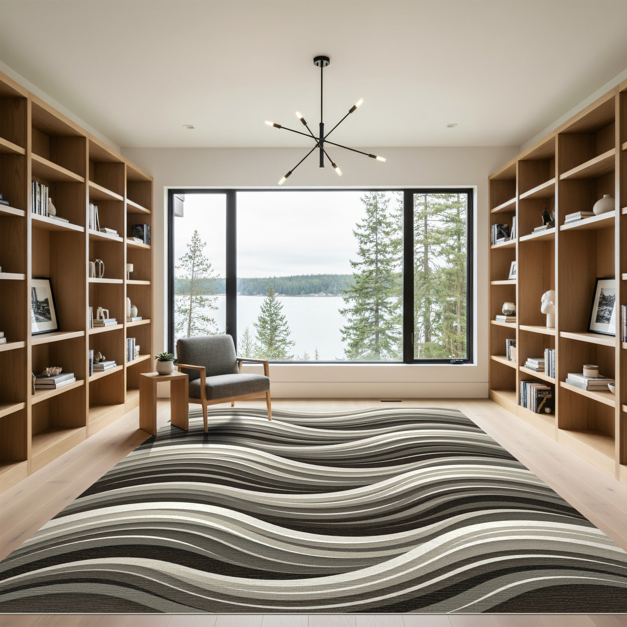 Modern Sculptural Monochrome Flowing Wave Rug