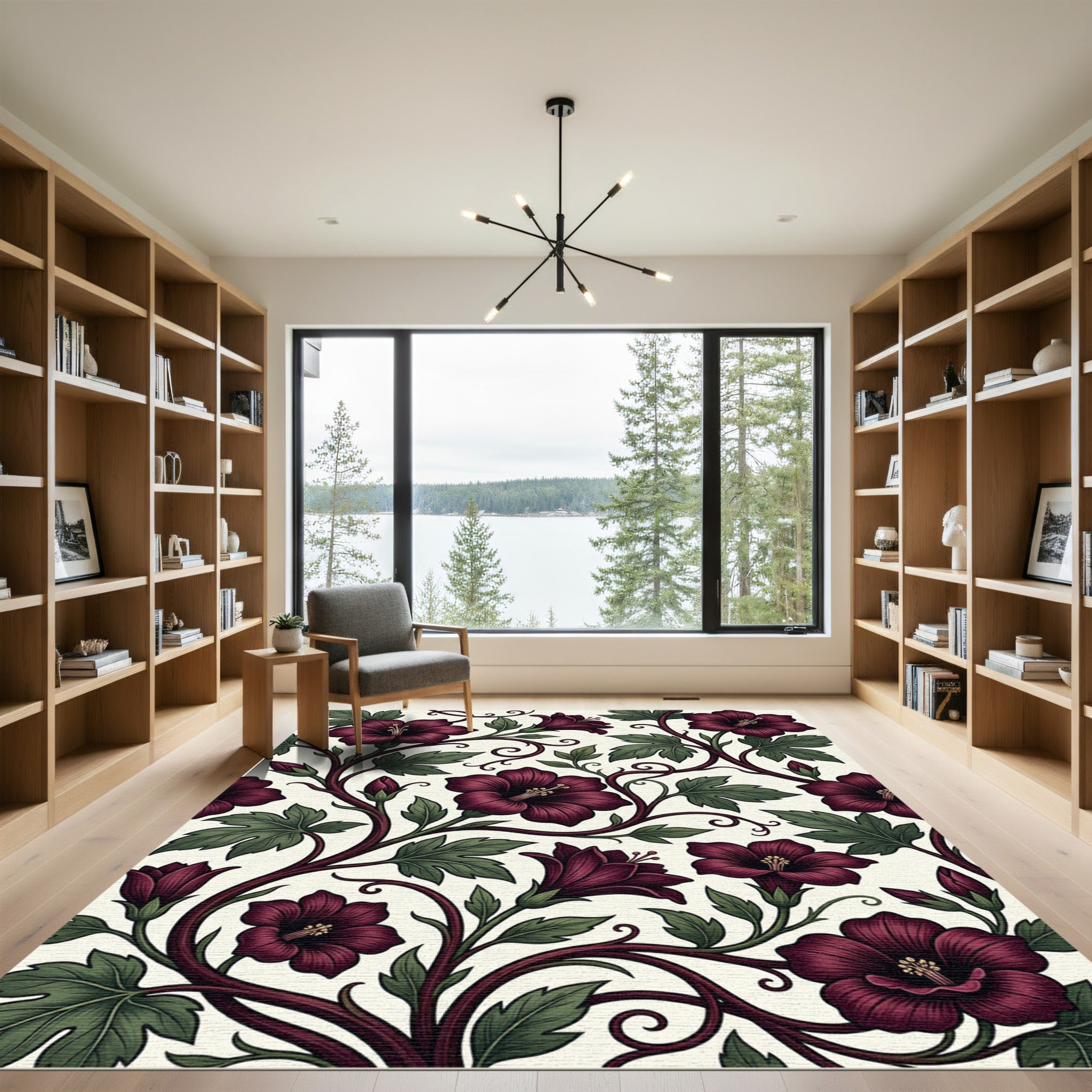 Dark Burgundy Floral Botanical Vines Rug