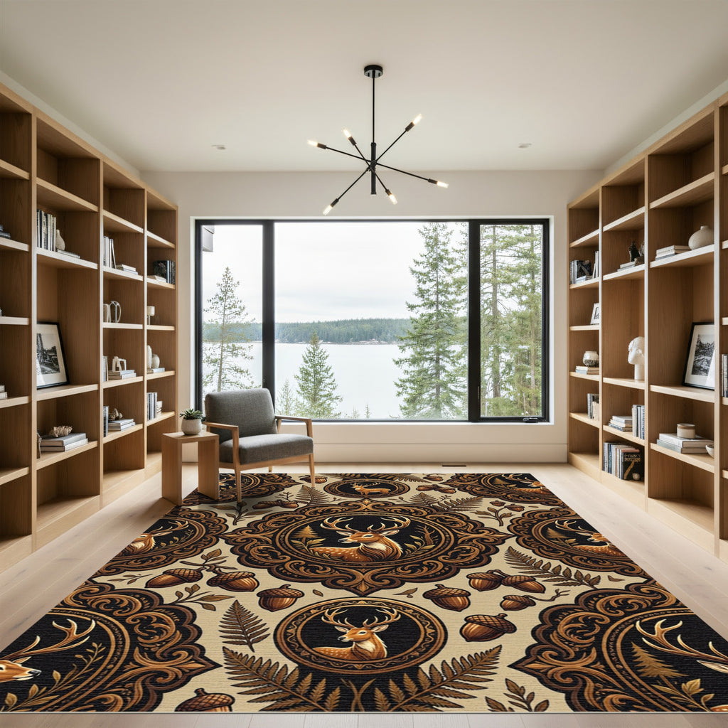 Ornate Woodland Deer Oak Acorn Medallion Rug