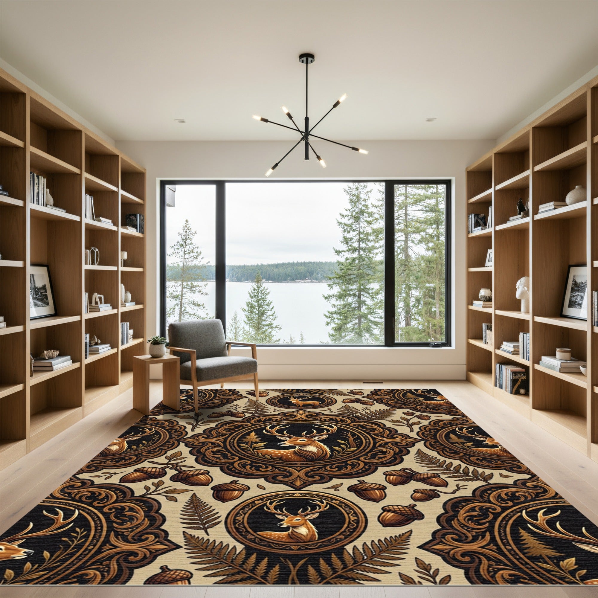 Ornate Woodland Deer Oak Acorn Medallion Rug