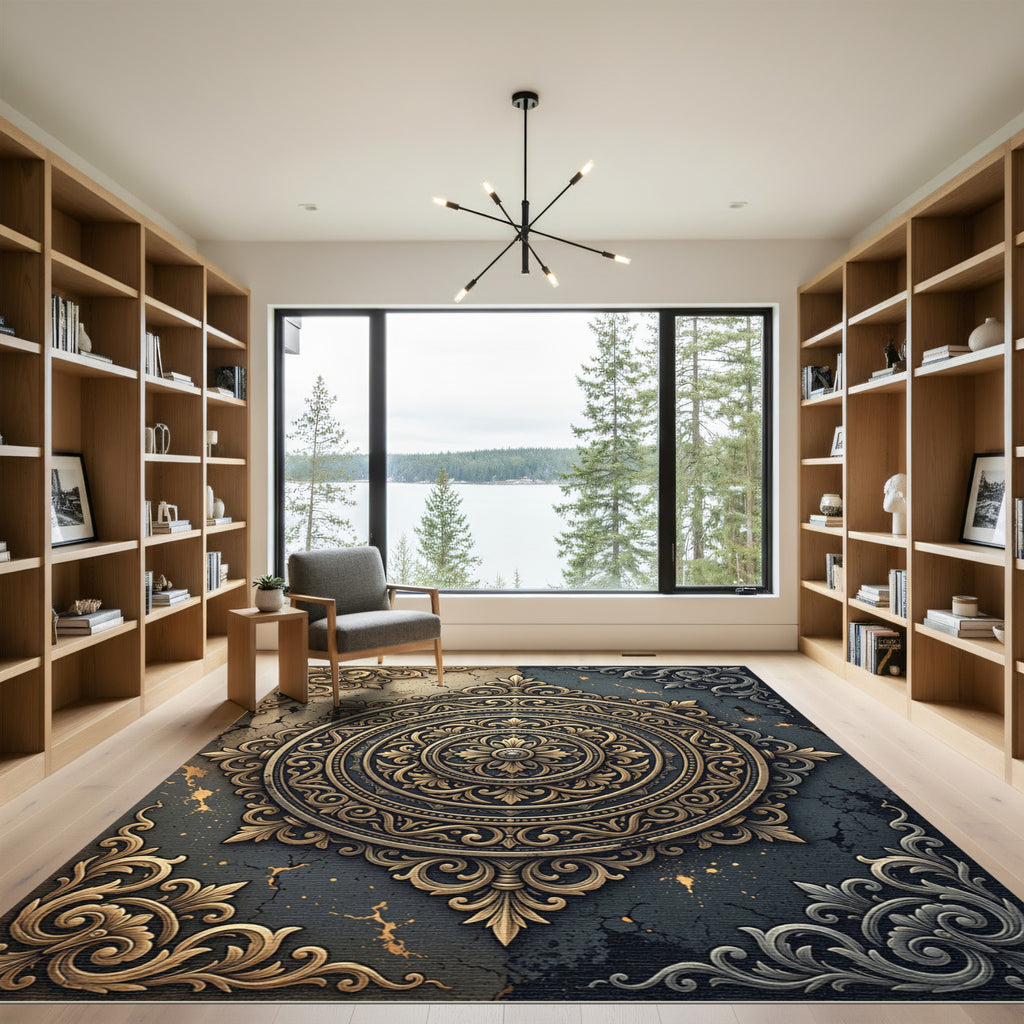 Ornate Golden Filigree Charcoal Medallion Rug