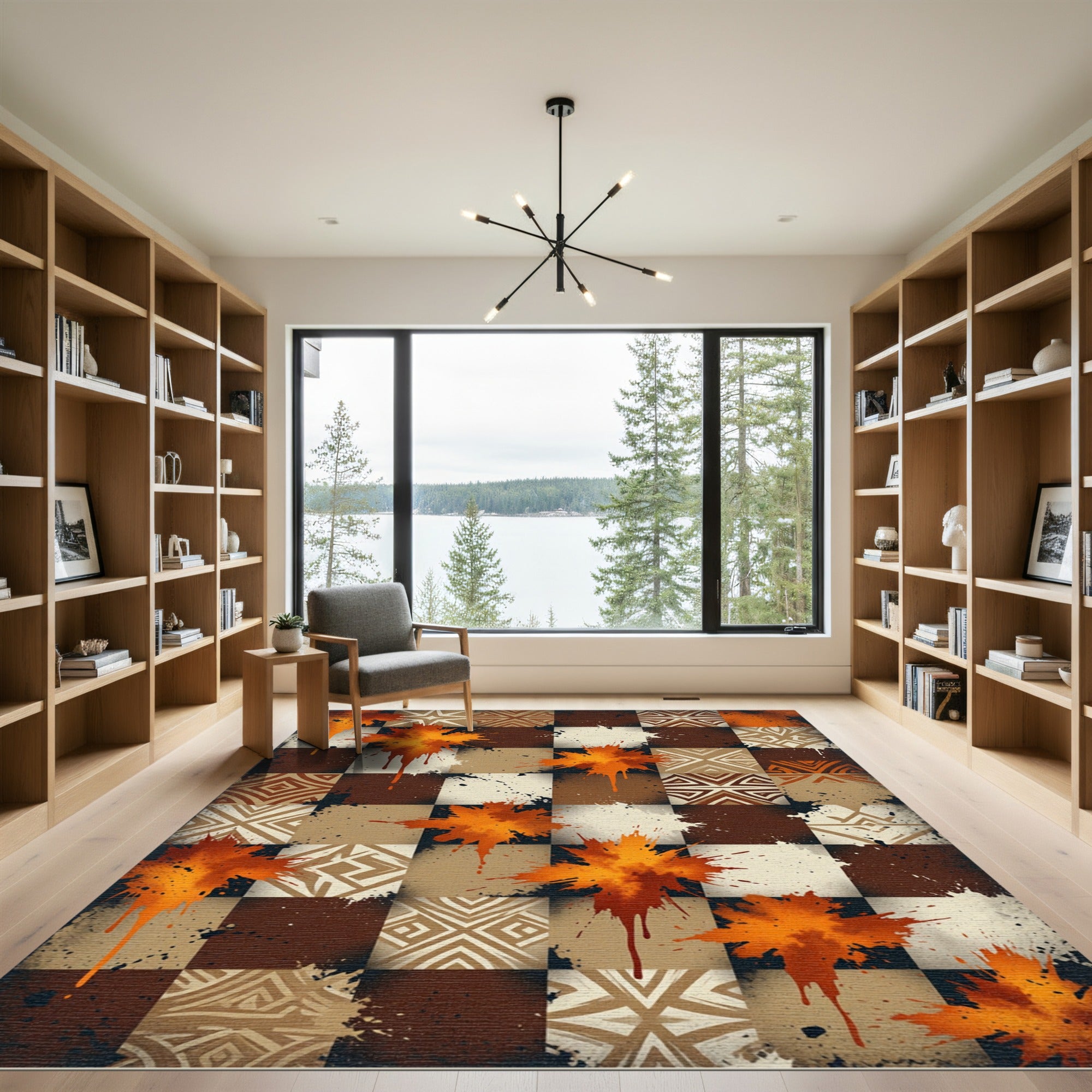 Abstract Geometric Ochre Ink Splatter Grid Rug