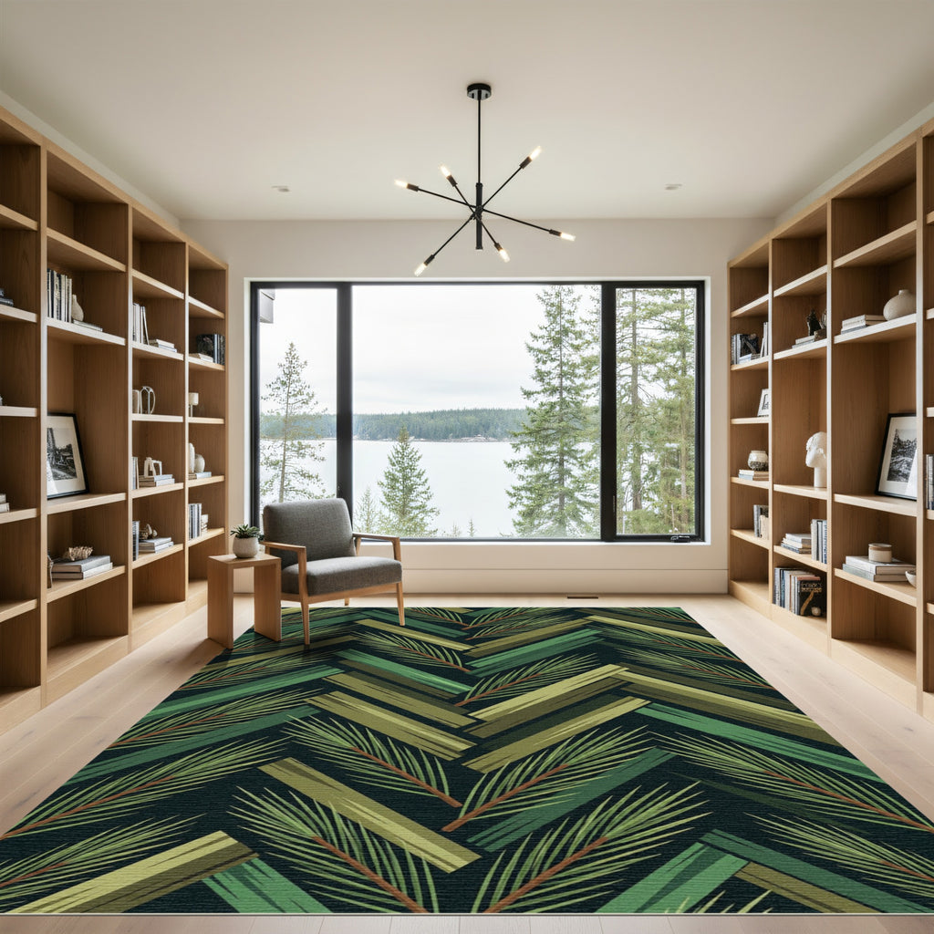 Forest Green Wood Herringbone Palm Fronds Rug