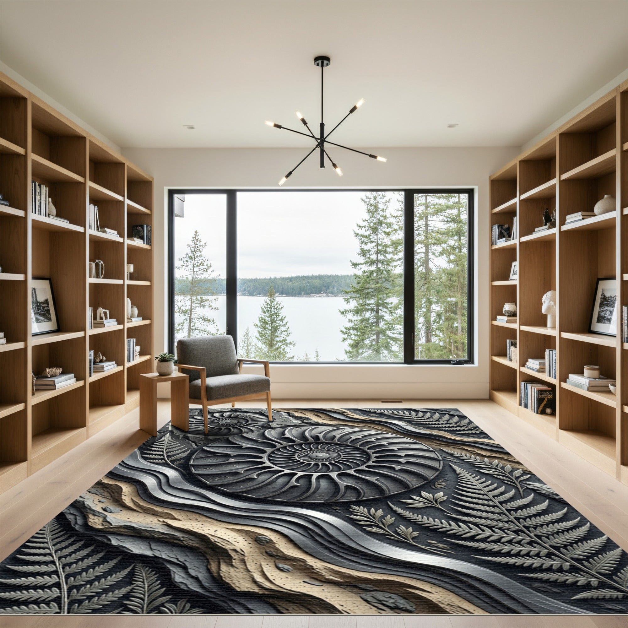Charcoal Ammonite Fern Fossil Rug