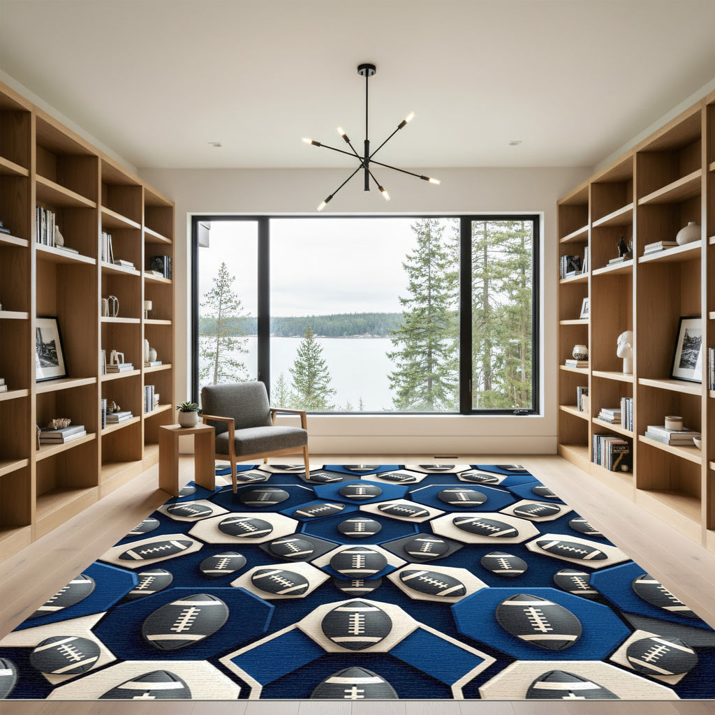Navy Geometric Football Hexagon Grid Rug