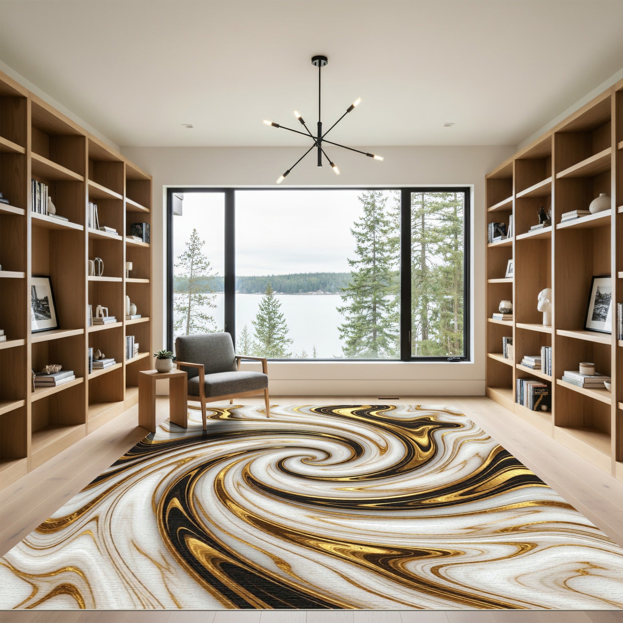 White Black Gold Swirl Marble Rug