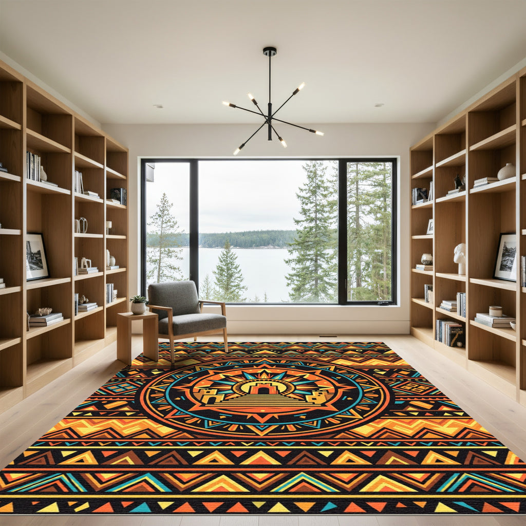 Vibrant Aztec Sun Temple Geometric Wall Rug