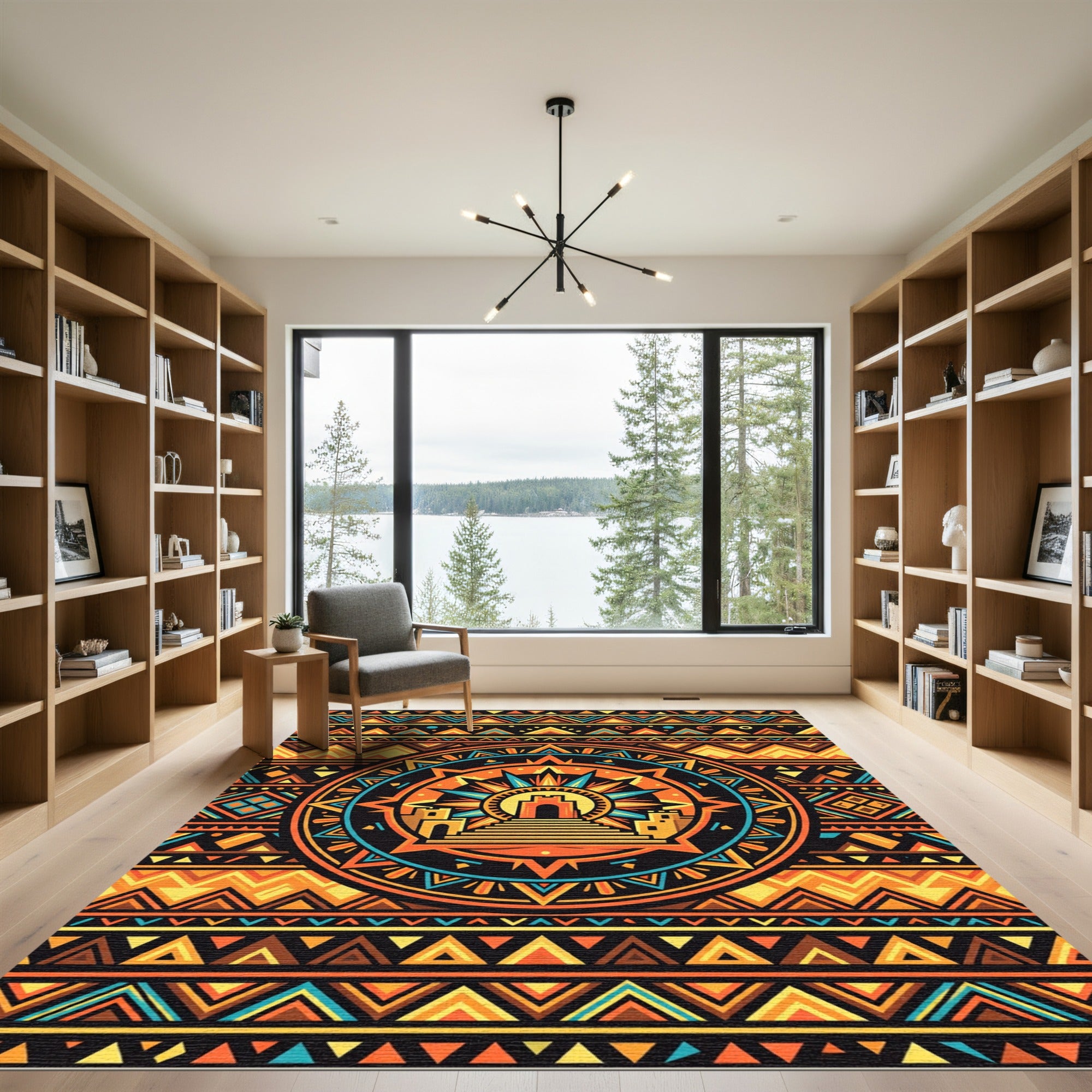 Vibrant Aztec Sun Temple Geometric Wall Rug