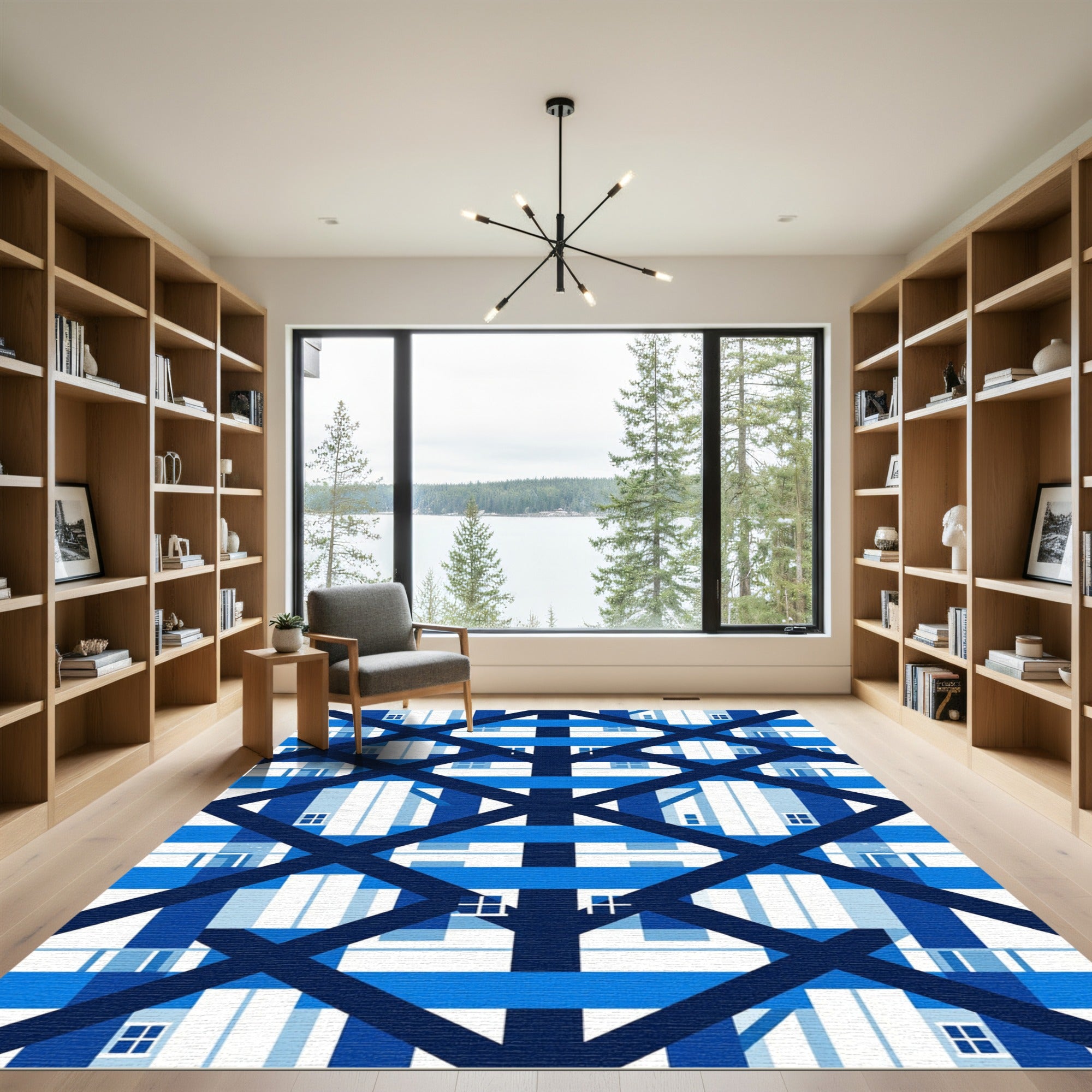 Geometric Navy Blue Crossed Lattice Grid Rug