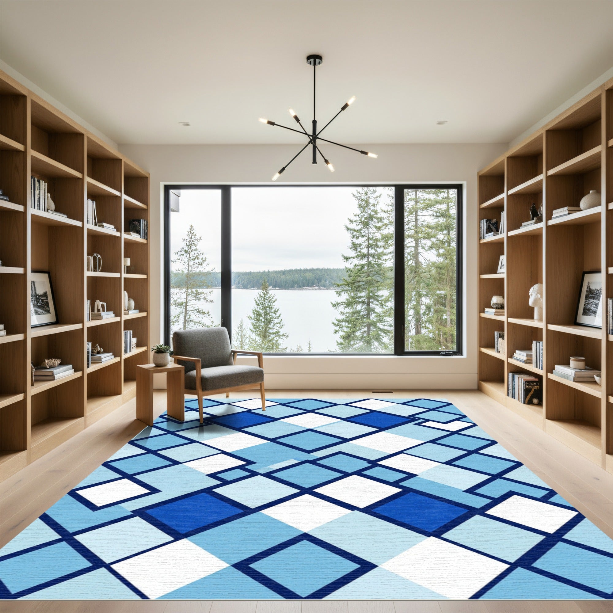 Geometric Blue and White Square Grid Rug