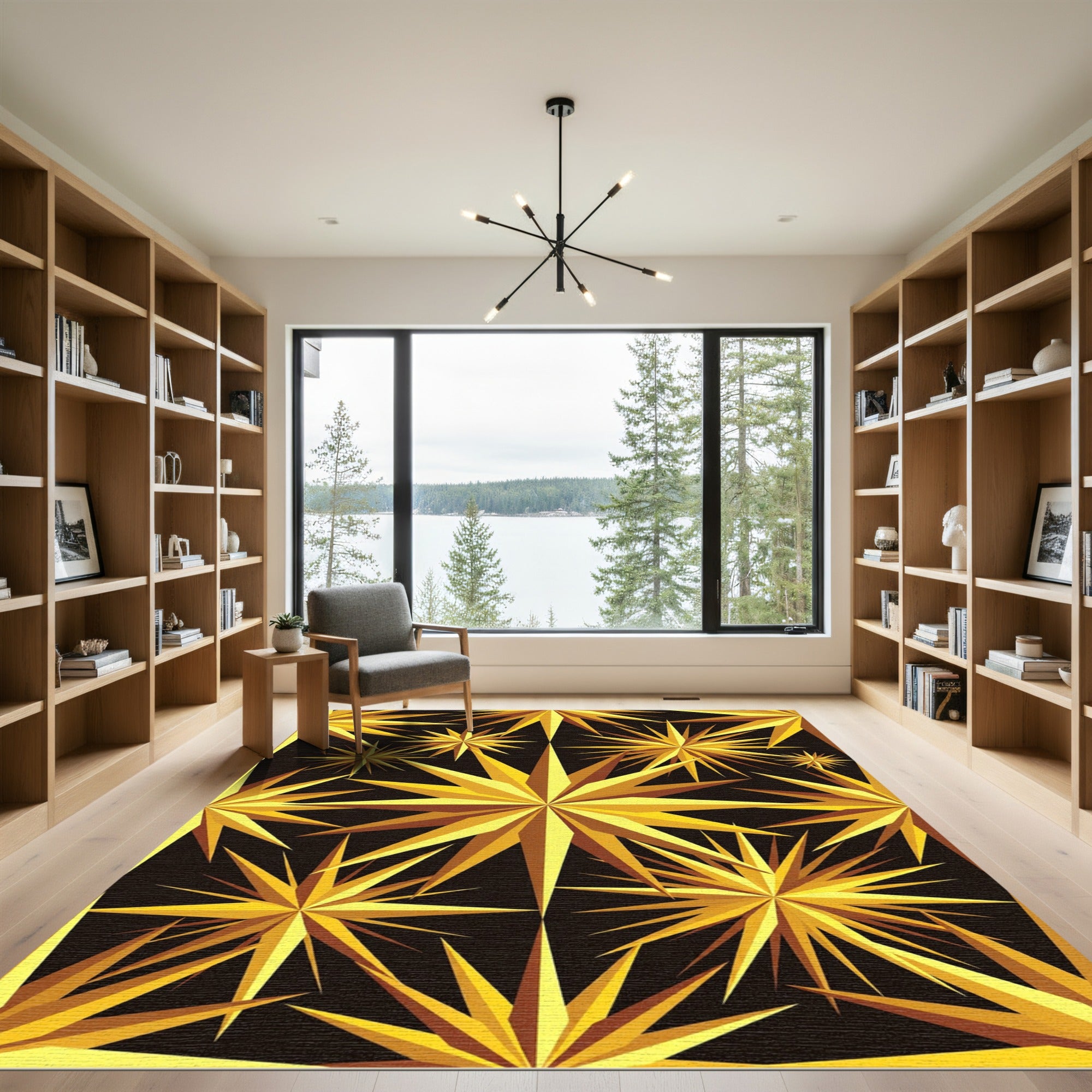 Golden Radiant Starburst Geometric Art Rug