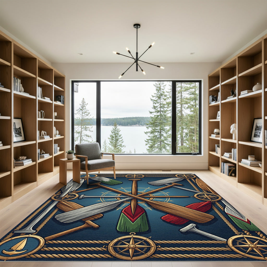Nautical Compass Oar Navy Maritime Art Rug