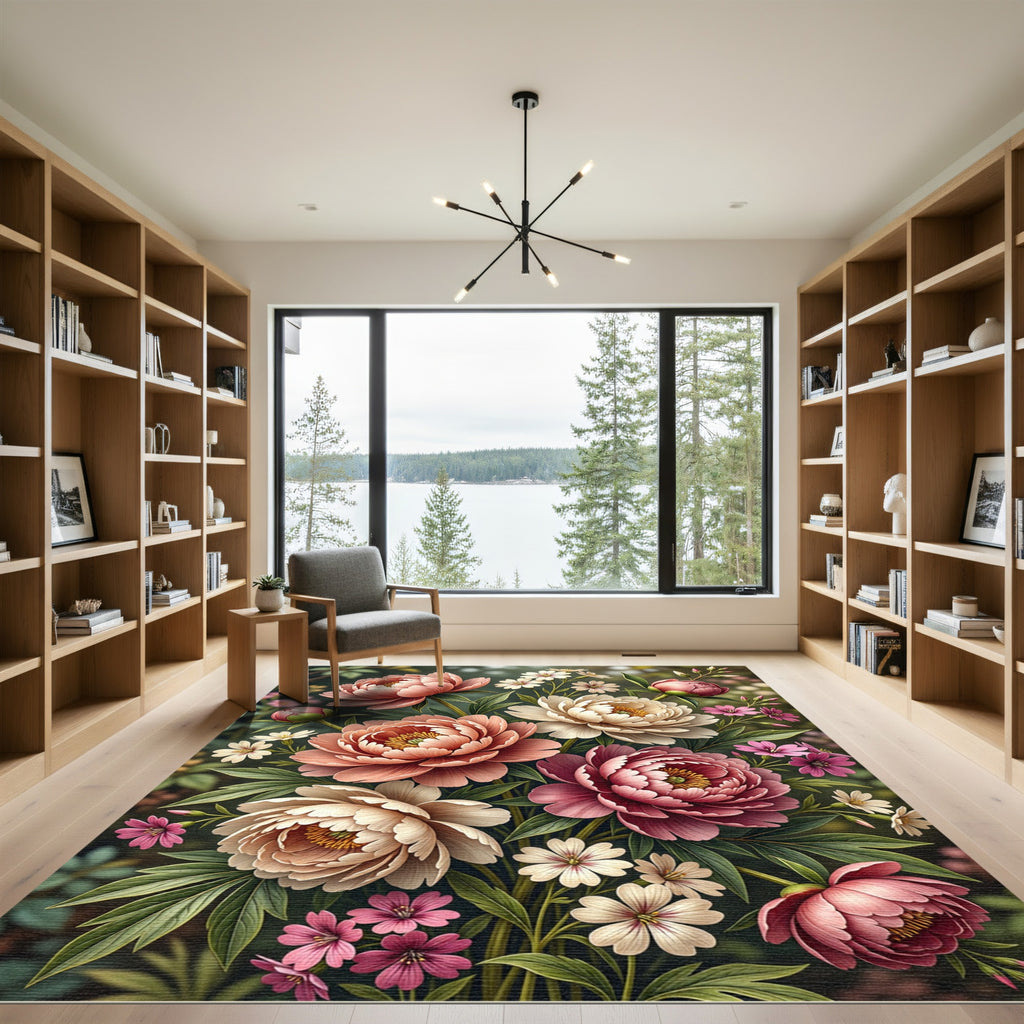 Elegant Dusty Rose Peony Bouquet Rug