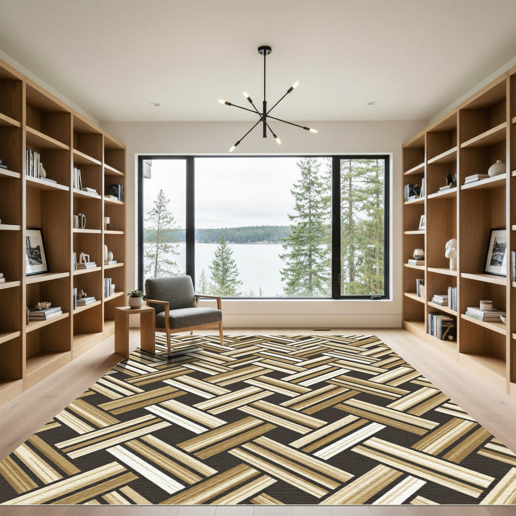 Beige and Brown Basketweave Geometric Rug