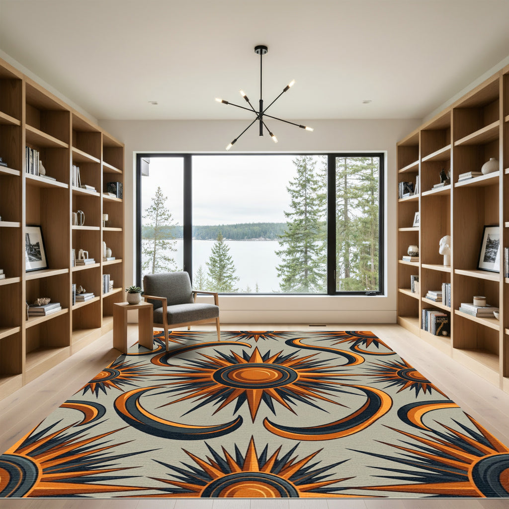 Celestial Sunburst Amber and Charcoal Geometric Rug