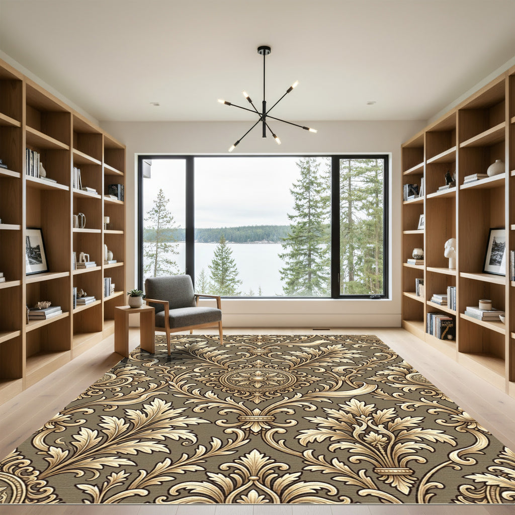 Gilded Baroque Scrollwork Medallion Overlay Rug