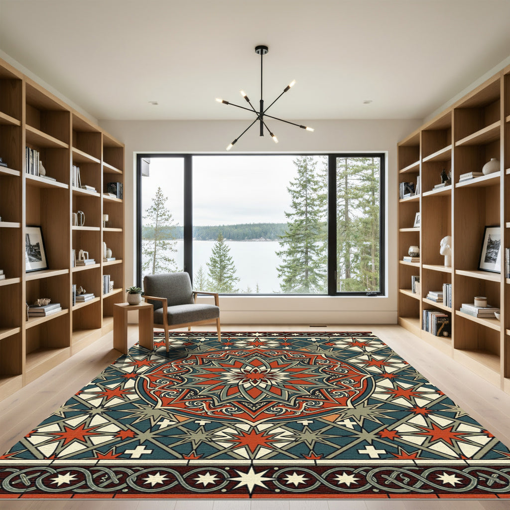 Art Deco Crimson Star Geometric Medallion Rug