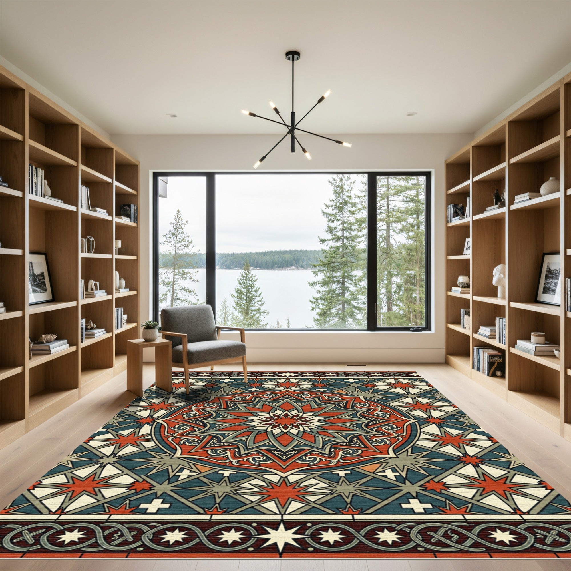 Art Deco Crimson Star Geometric Medallion Rug